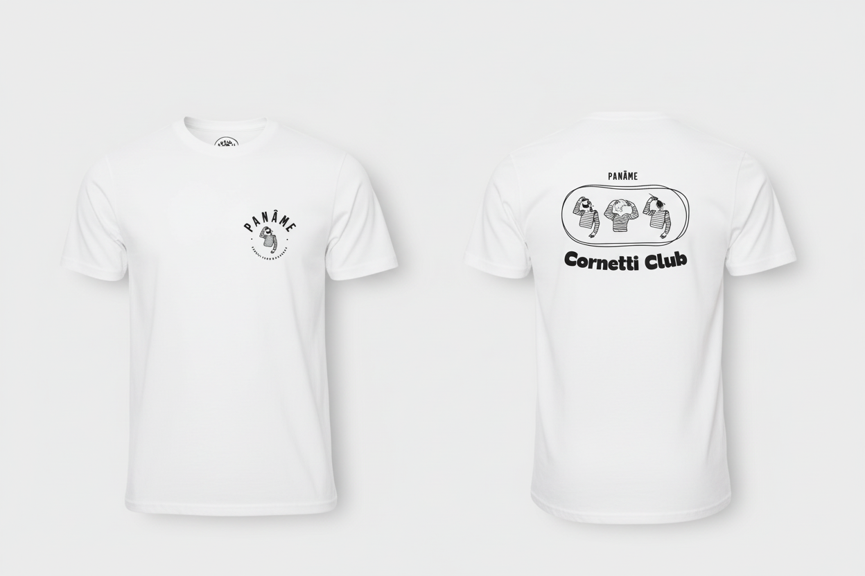 T-shirt bianca Panâme Cornetti Club fronte e retro