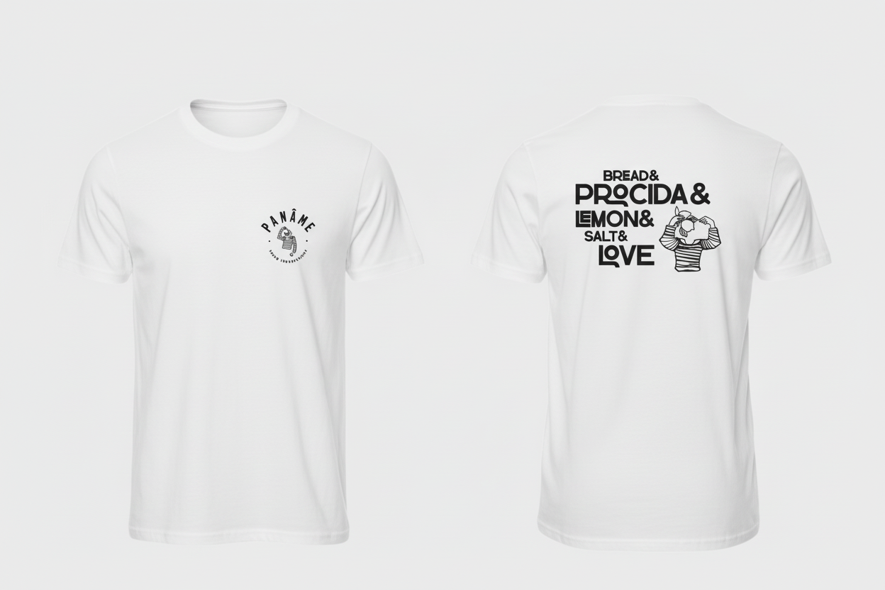 T-shirt bianca Panâme Bread Procida Lemon Salt Love fronte e retro